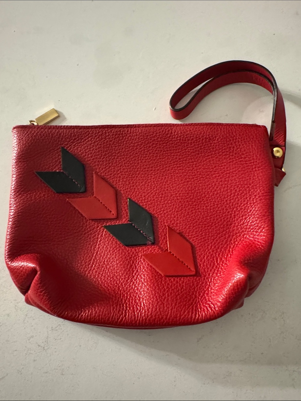 Italian Shoemakers Red Leather Wristlet Clutch with Black Chevron Details
